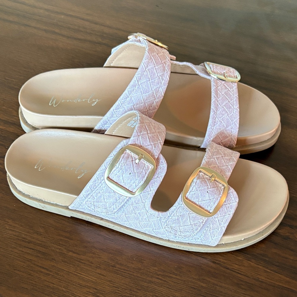 Wonderly Light Pink Double-Buckle Slide Sandals with Gold Buckles